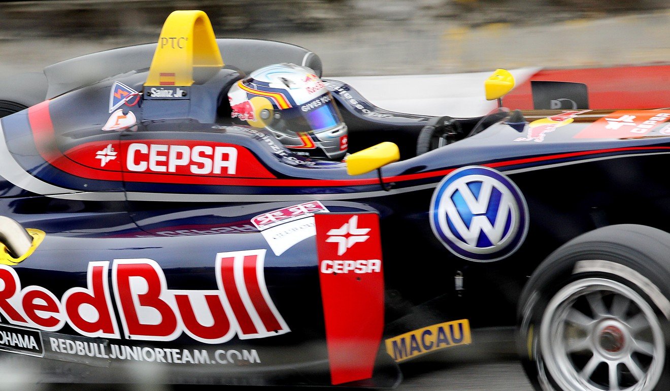 Red Bull sponsorship on the car of Formula One racing driver Carlos Sainz Jnr during the SJM Formula 3 Macau Grand Prix – Qualification Race in 2012. Photo: Nora Tam