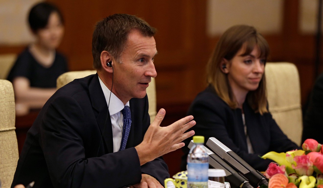 Britain’s Foreign Secretary Jeremy Hunt speaks during his meeting with Chinese Foreign Minister Wang Yi in Beijing on Monday. Photo: AFP