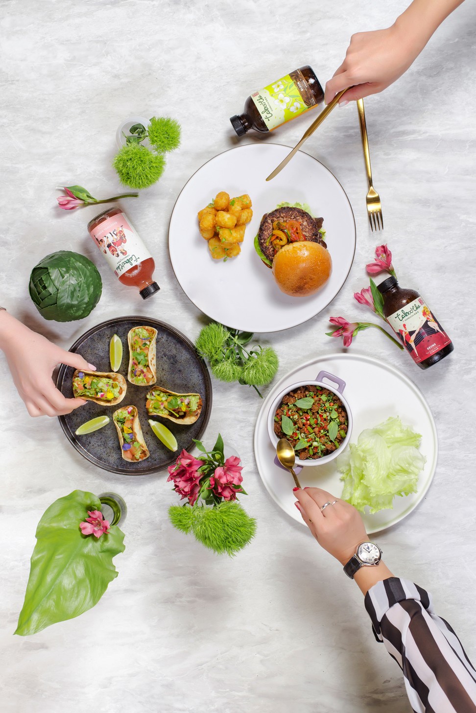 Galaxy Macau’s Cha Bei’s crunchy Texas tacos, Macanese burger and Thai lettuce wraps made with Impossible Foods’ plant-based ‘meat’.