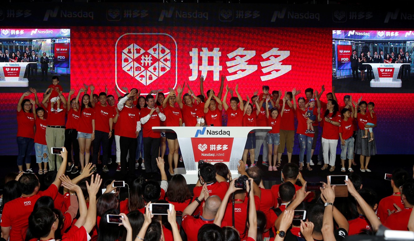 Users of online group discounter Pinduoduo rang the opening bell on the Nasdaq Stock Market in New York, with a simultaneous event also celebrated in Shanghai. Photo: Reuters