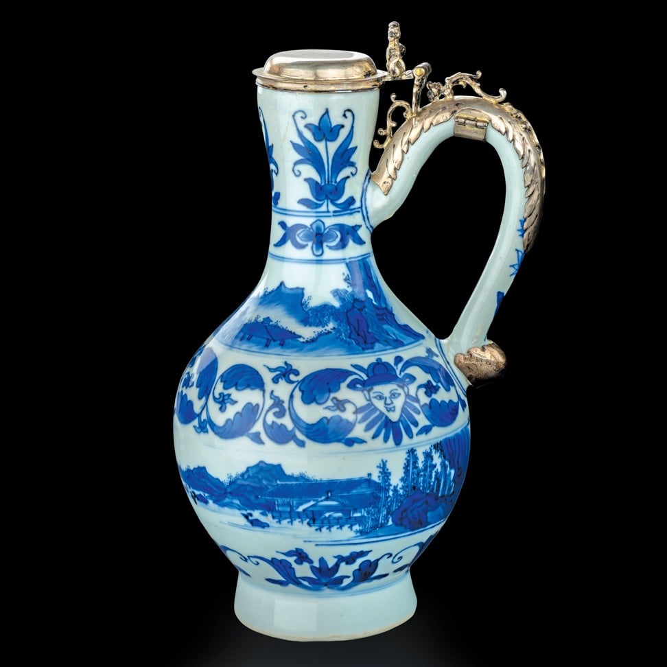 Ewer with decorations of tulips, clowns and landscape features at the East Meets West exhibition.