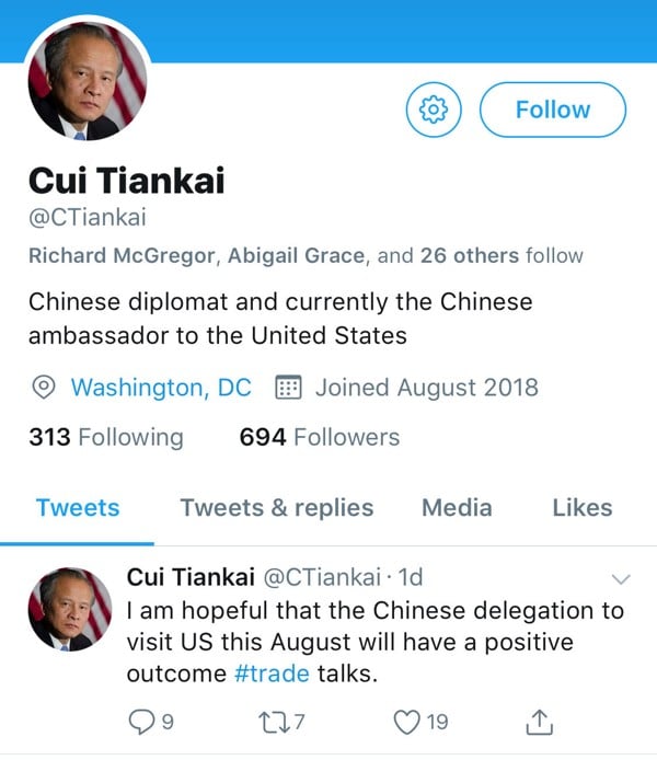 Image result for A Twitter posting attributed to Cui. The Chinese government said the account was fake, and it has been suspended. Photo: Twitter