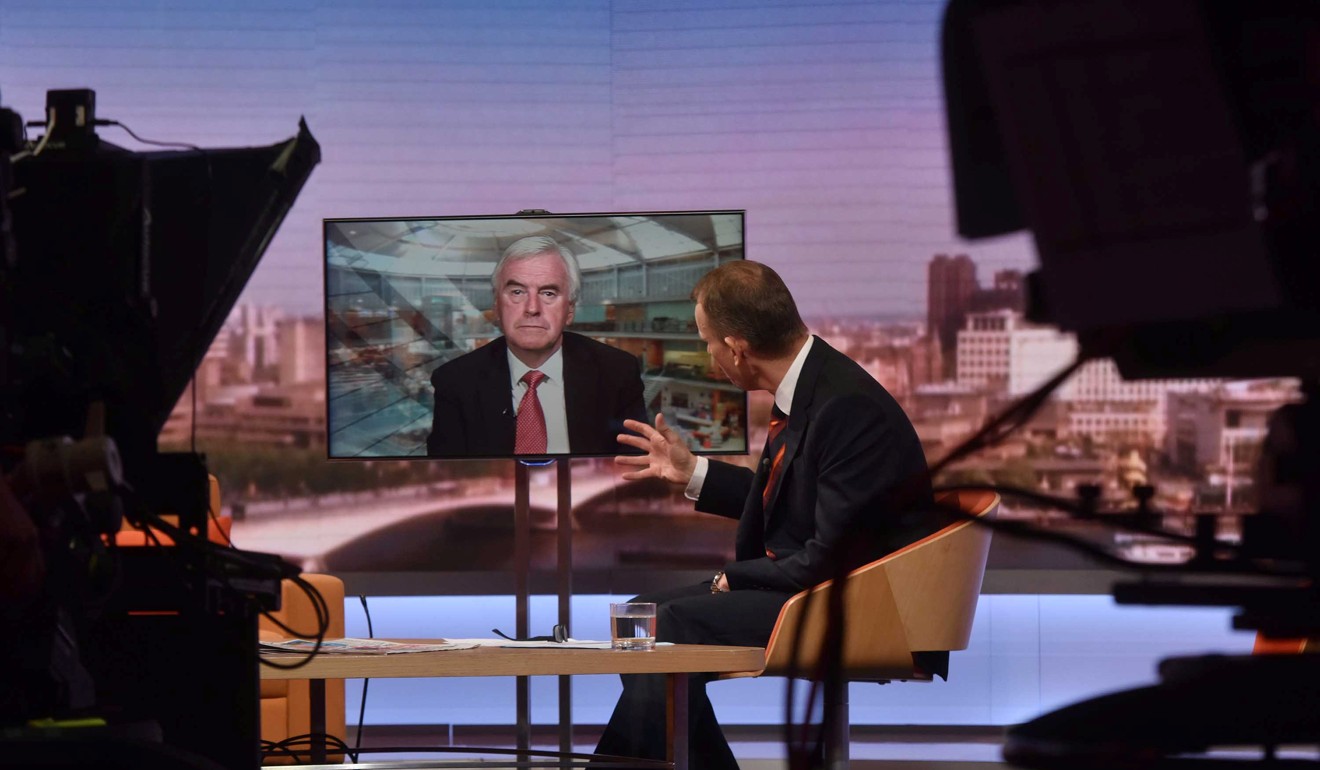 Britain's Labour Party Shadow Chancellor, John McDonnell, on screen at the Andrew Marr Show, said Sacks “got it wrong”. Photo: Reuters