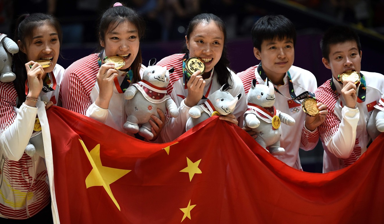China’s gold-winning women’s basketball team celebrate their victory at the Asian Games in Jakarta on September 1. Photo: AFP