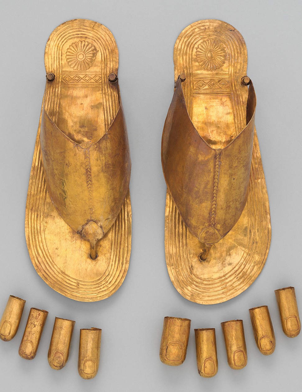 Gold sandals and toe stalls from the reign of Egypt’s Thutmose III (1479–1425 B.C.). Photo: Kellen Anna-Marie