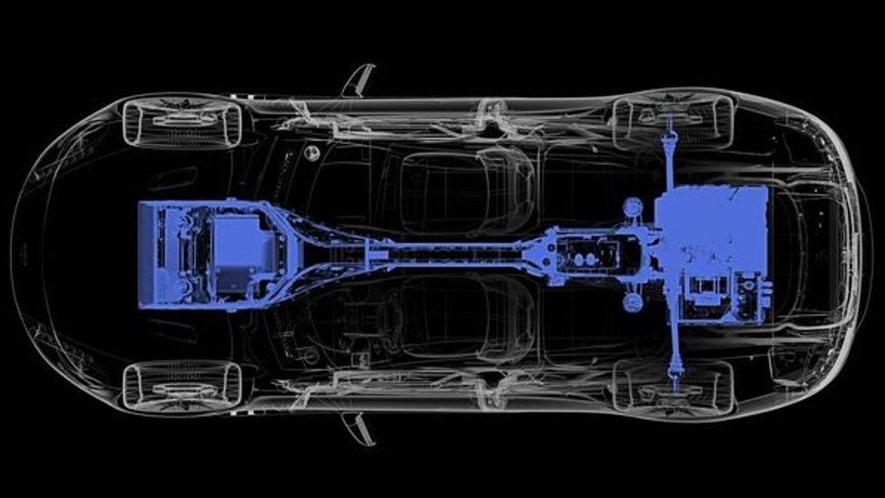 A diagram showing the Aston Martin Rapide E’s power train – the main components that generate and deliver the car’s power to the road. Illustration: Aston Martin