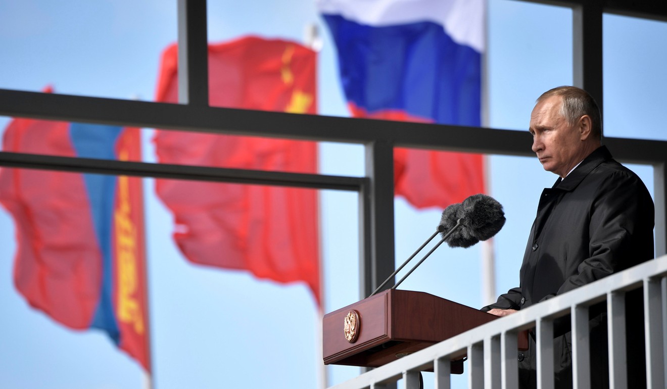 Vladimir Putin addresses the military parade involving Russian, Chinese and Mongolian troops at Tsugol training ground in Siberia on Thursday. Photo: Reuters