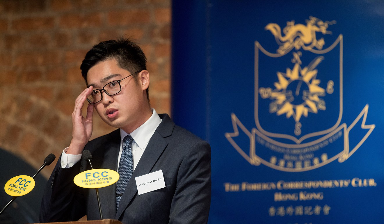 Hong Kong National Party convenor Andy Chan Ho-tin gave a fiery speech at the Hong Kong Foreign Correspondents’ Club last month. Photo: Bloomberg