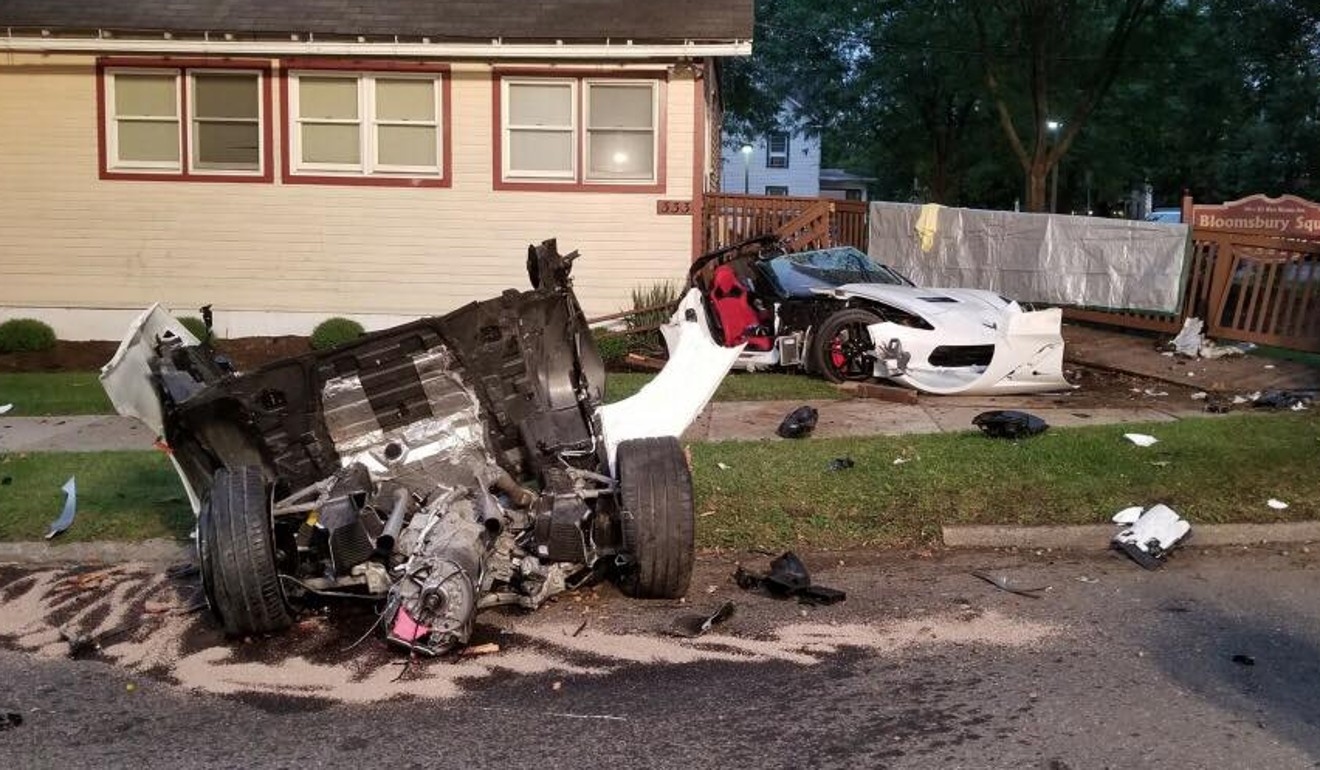 The car driven by Tang Kaijing, a Chinese computer science student in the US, after he crashed in Pennsylvania on Saturday. Photo: Alpha Fire Company