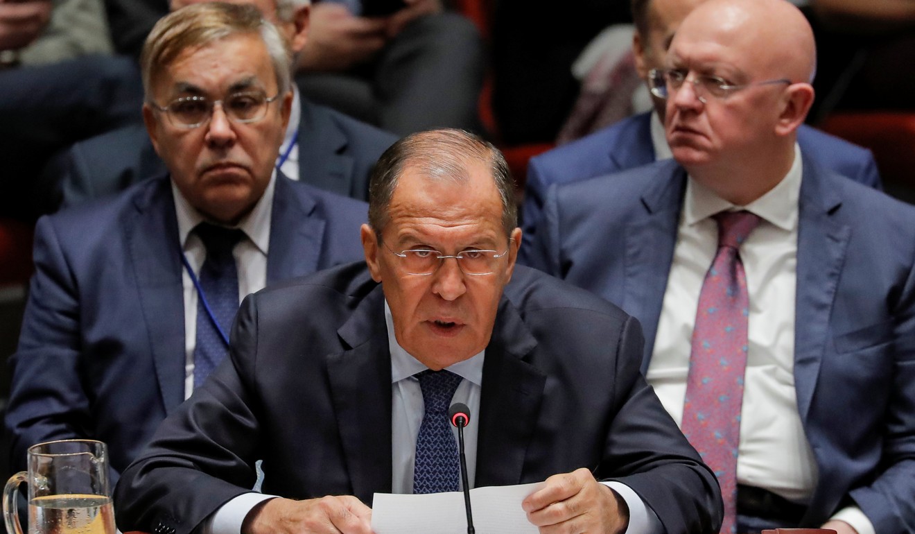Russian Foreign Minister Sergei Lavrov speaks at the Security Council meeting on Thursday. Photo: Reuters