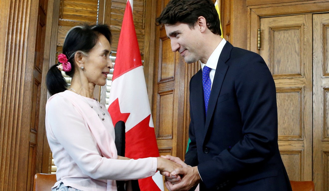 Canada’s Prime Minister Justin Trudeau with Myanmar State Counsellor Aung San Suu Kyi in Ottawa, Canada, on June 7, 2017. Photo: Reuters