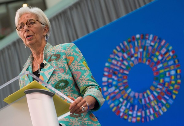 IMF managing director Christine Lagarde speaks during opening remarks for the 2018 General IMF Meetings in Washington on Monday. Photo: AFP