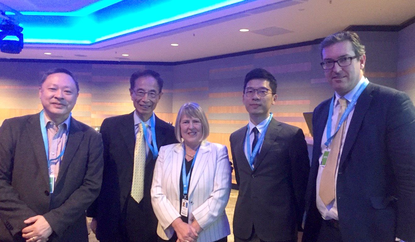 Among attendees at the conference were (from left) Benny Tai, Martin Lee, host Fiona Bruce, Nathan Law and Benedict Rogers. Photo: Twitter