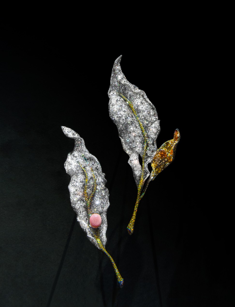 The two titanium, silver and yellow diamond Cindy Chao The Art Black Label Masterpiece XI Autumn Leaves Brooches.