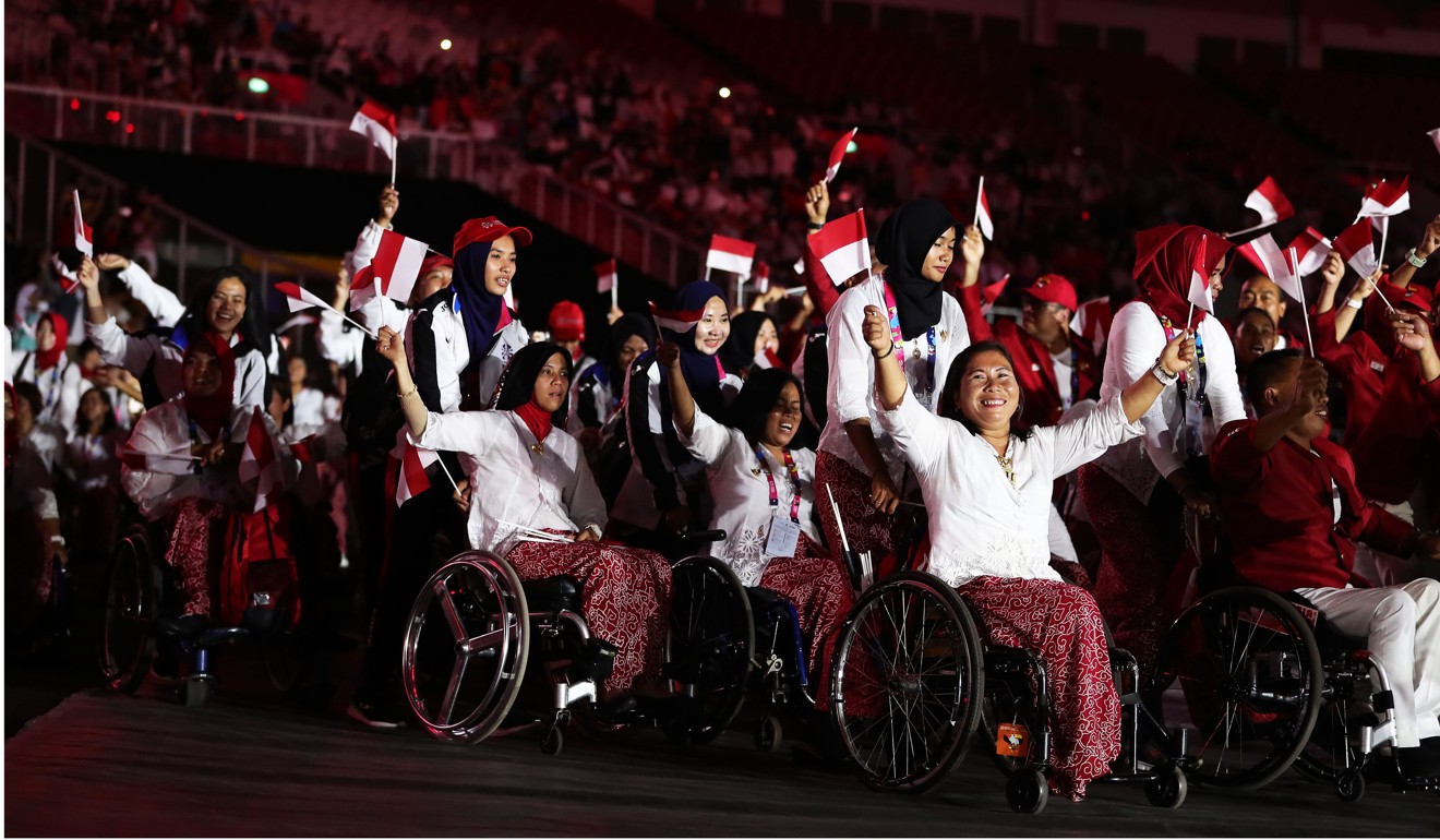 The Indonesia delegation enters the Gelora Bung Karno Stadium in Jakarta for the opening ceremony of the 2018 Asian Para Games. Photo: Xinhua