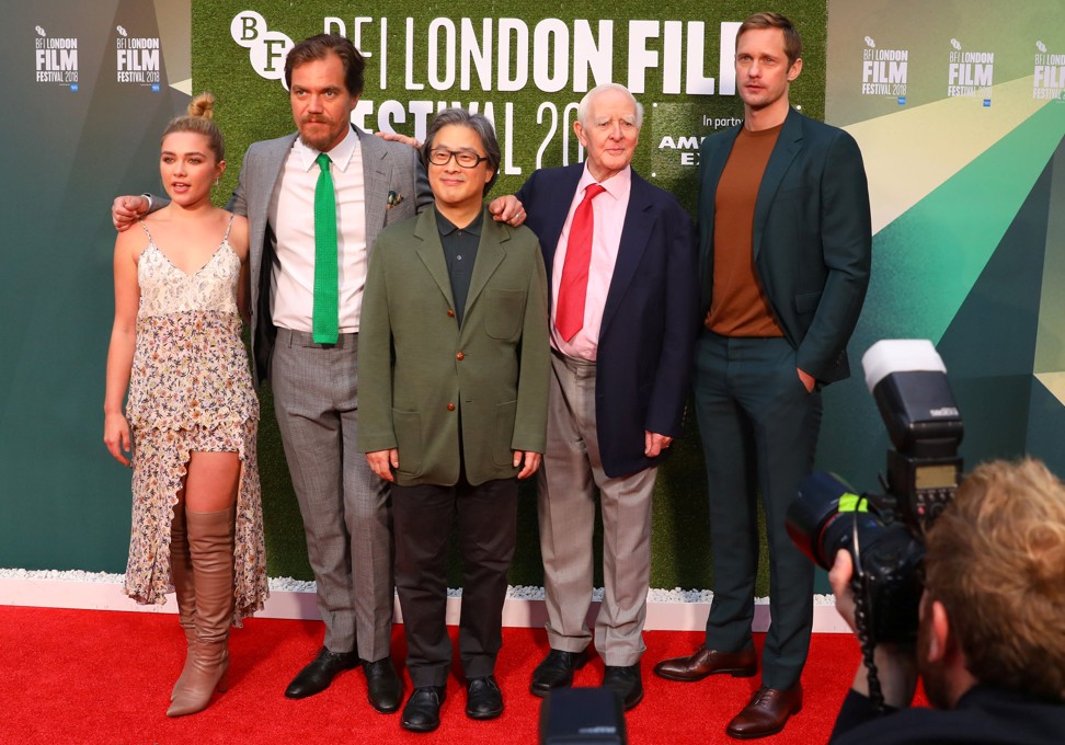 Pugh, Shannon, director Park Chan-wook, author John le Carre and Skarsgard, at the film’s premiere at the London Film Festival. Photo: Reuters
