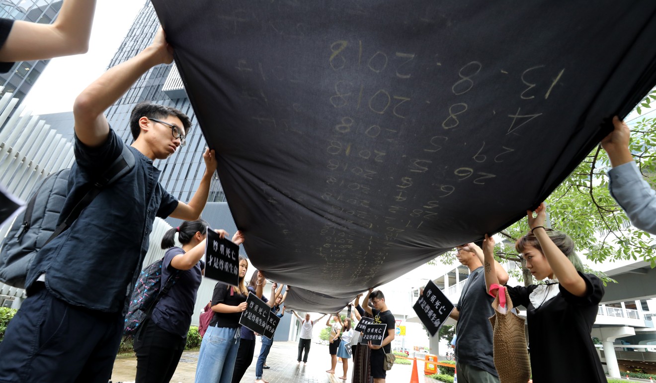 Young people take part in an appeal to Secretary for Labour and Welfare Law Chi-kwong on Word Suicide Prevention Day in Admiralty on September 10. Photo: Dickson Lee