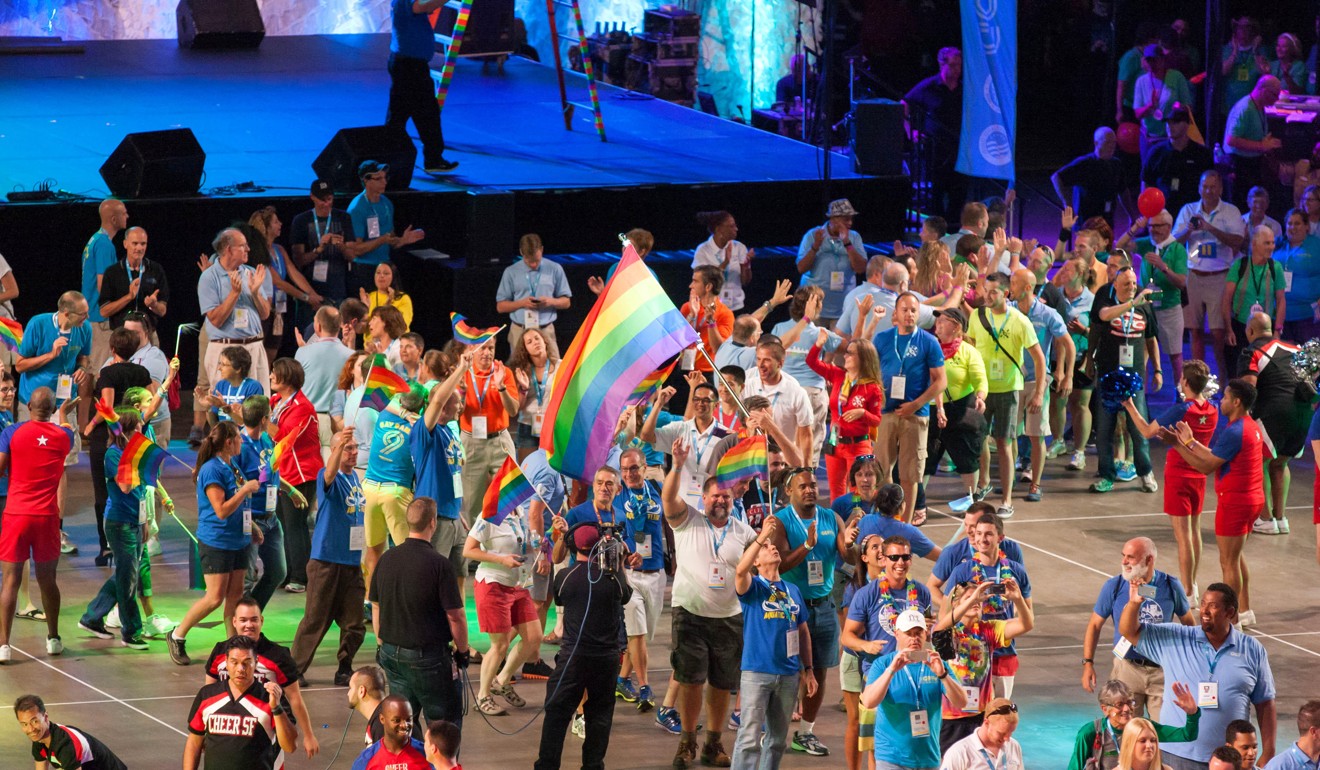Competitors file in to the Quicken Loans Arena in Cleveland, Ohio, for the opening ceremony of the 2014 Gay Games. Photo: Alamy