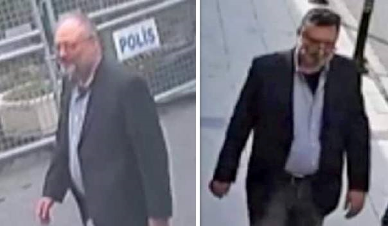 Journalist Jamal Khashoggi, left, before entering the Saudi consulate on October 2. Later in the day, a man is seen in what appears to be Khashoggi’s clothes. Photos: CNN