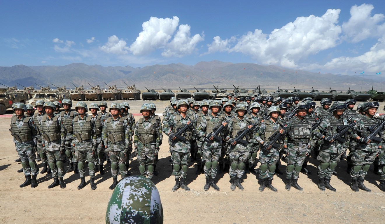 Chinese soldiers taking part in Peace Mission 2016, the Shanghai Cooperation Organisation joint military exercises in the Edelweiss training area in Balykchy, some 200 km from Bishkek. Photo: AFP