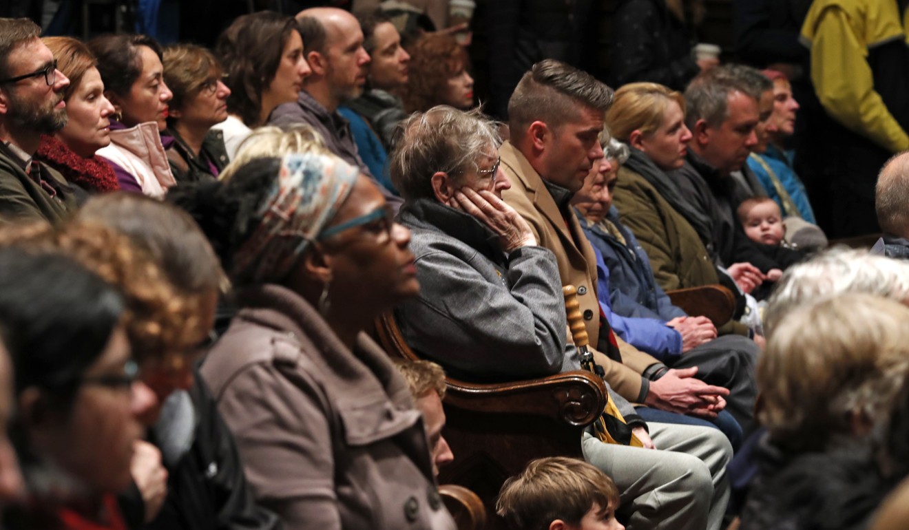 A crowd attends a memorial service at the Sixth Presbyterian Church in the Squirrel Hill section of Pittsburgh for the victims of the deadly shooting at the Tree of Life Synagogue. Photo: AP Photo