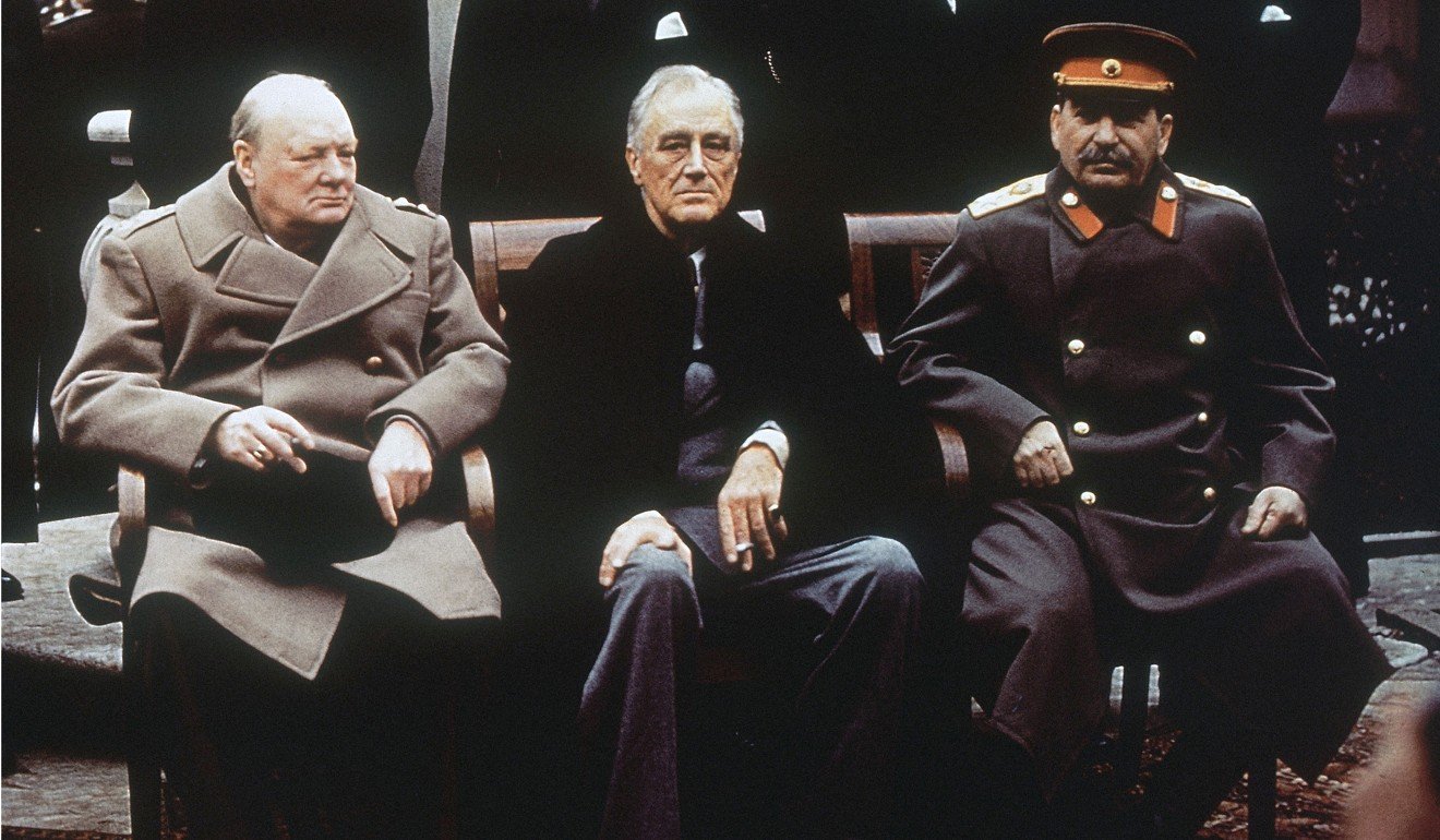 (From left) British Prime Minister Winston Churchill, US President Franklin D. Roosevelt and Soviet Premier Josef Stalin sit on the patio of Livadia Palace, Yalta, Crimea, on February 4, 1945. Initially hailed as a major success, the conference later came to be viewed by some as the moment that the US ceded too much influence to the Soviets and the trigger for the cold war. Photo: AP