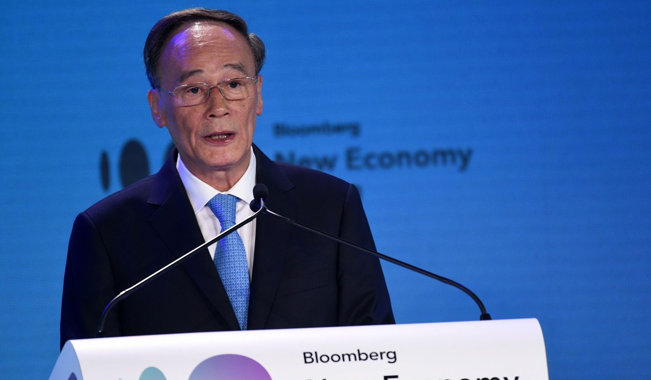 Chinese Vice-President Wang Qishan delivered an olive branch to the US in a his speech to the Bloomberg New Economy Forum in Singapore. Photo: AFP