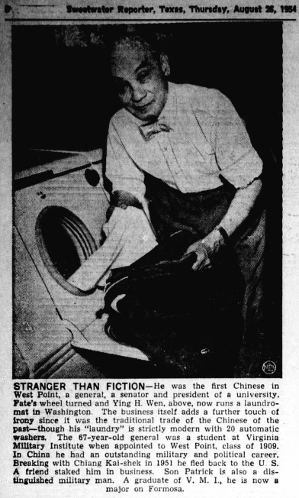 Ying Hsing Wen is seen in a clipping from the August 26, 1954 issue of the Sweetwater Reporter. Photo: Handout