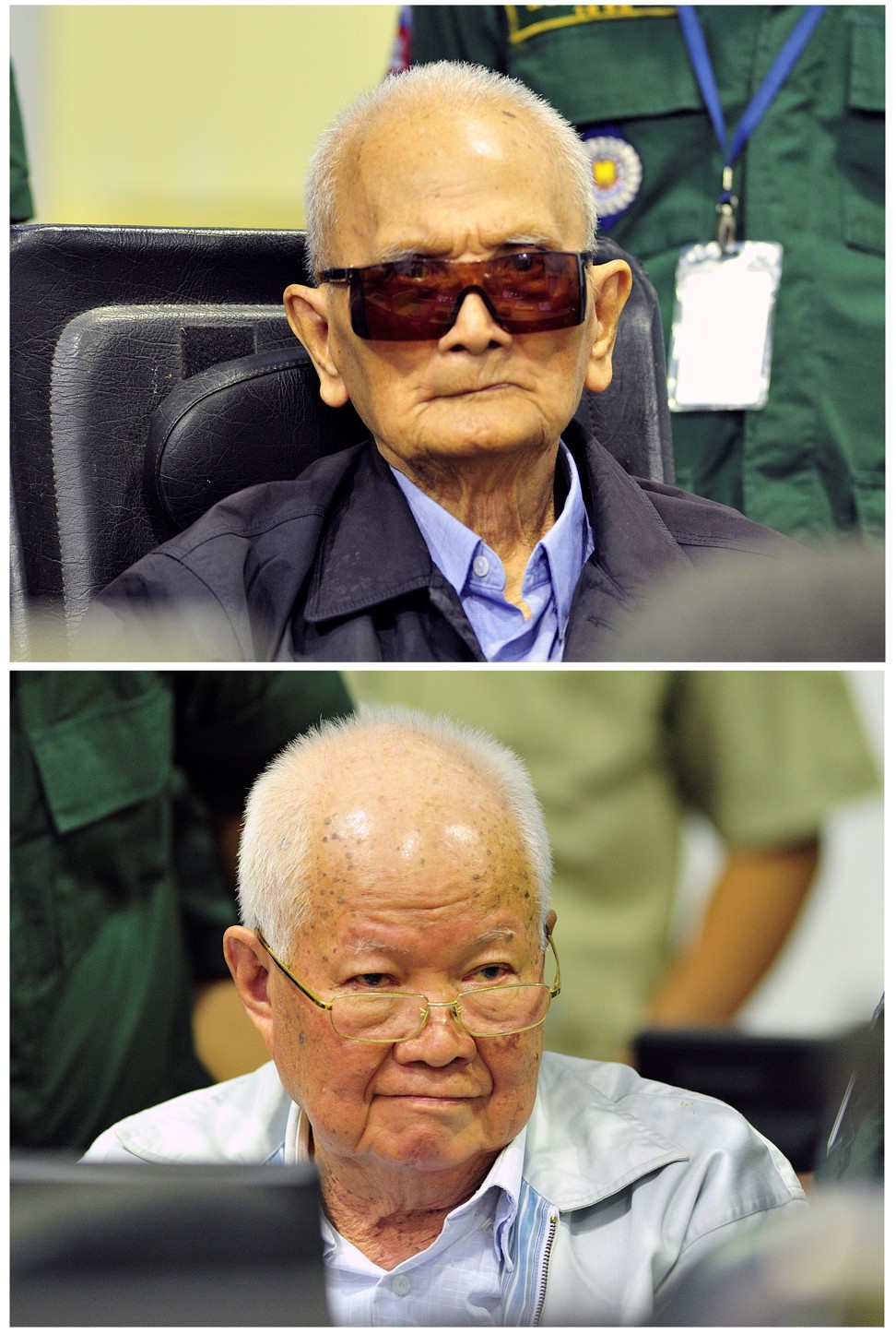 Former Khmer Rouge leader Nuon Chea (top) and former Khmer Rouge head of state Khieu Samphan sitting inside the courtroom of the Extraordinary Chambers in the Courts of Cambodia (ECCC) during their verdict, on the outskirts of Phnom Penh, Cambodia. Photo” Reuters