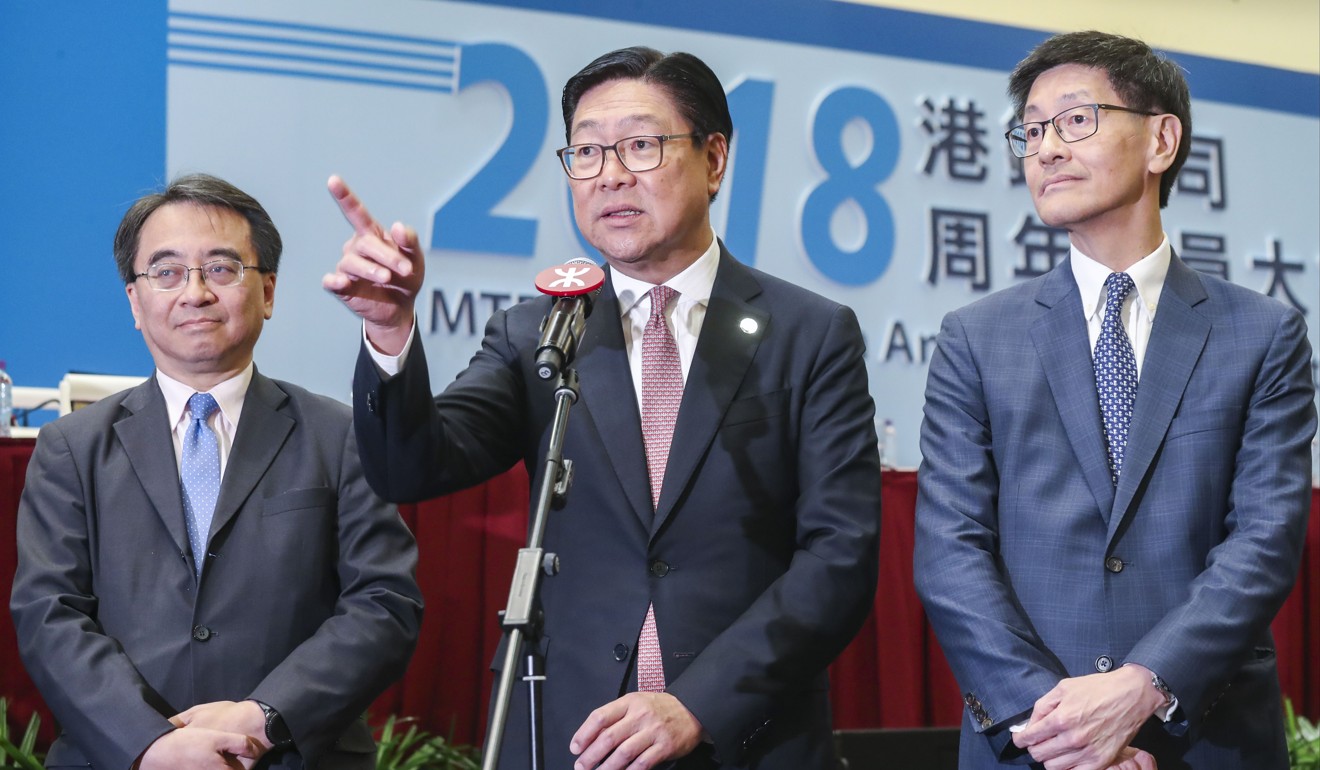 From left to right: MTR Corp’s managing director Jacob Kam, chairman Frederick Ma and CEO Lincoln Leong during the MTR’s Annual General Meeting 2018. Photo: K.Y. Cheng