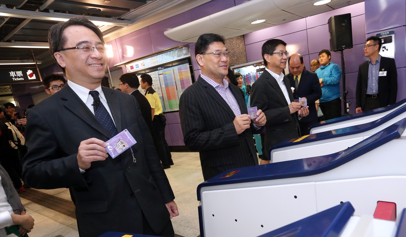 Jacob Kam (left), then operations director, at the opening of Sai Ying Pun Station in March 2015. Photo: David Wong
