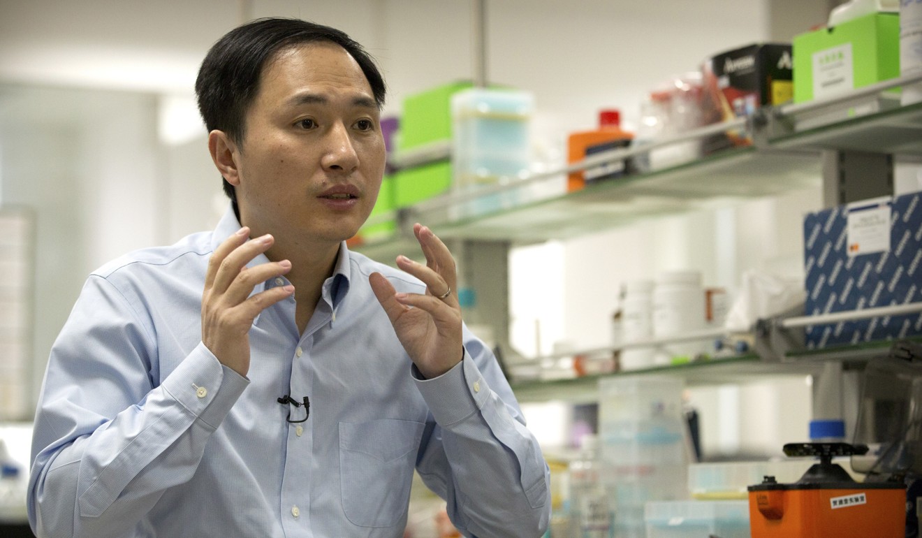 He Jiankui giving an interview at a laboratory in Shenzhen. Chinese scientist He claims he helped make world's first genetically edited babies: twin girls whose DNA he said he altered. Photo: AP