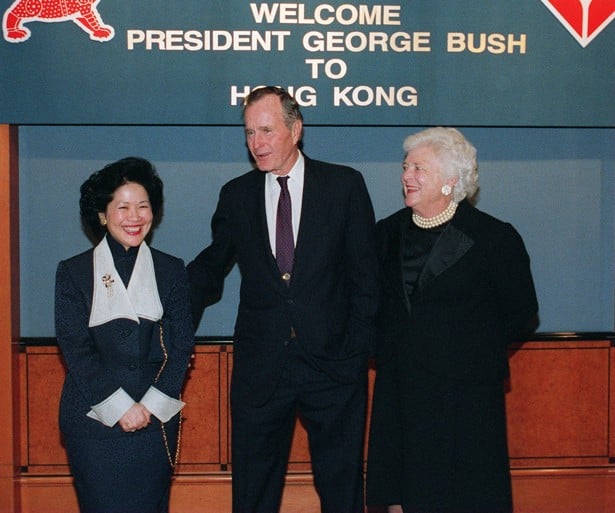 Anson Chan (left), then chief secretary of Hong Kong, welcomes Bush and his wife at a dinner hosted by the Asia Society and Atlantic Richfield at the Marriott Hotel in Hong Kong in 1996. Photo: David Thorpe