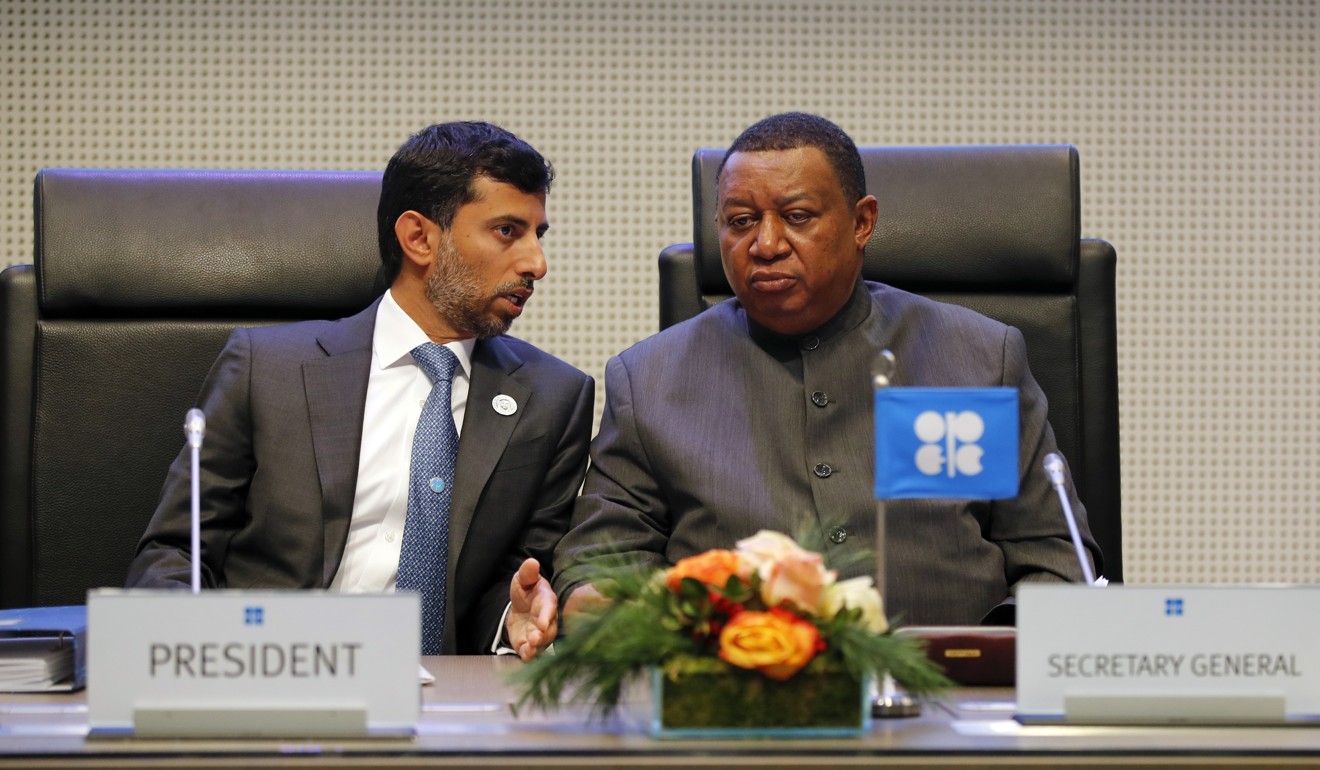 Suhail Mohammed Al Mazrouei, United Arab Emirates’ energy minister and president of the Organisation of Petroleum Exporting Countries (Opec), left, speaks with Mohammed Barkindo, secretary general Opec, ahead of the 175th Opec meeting in Vienna. Photo: Bloomberg