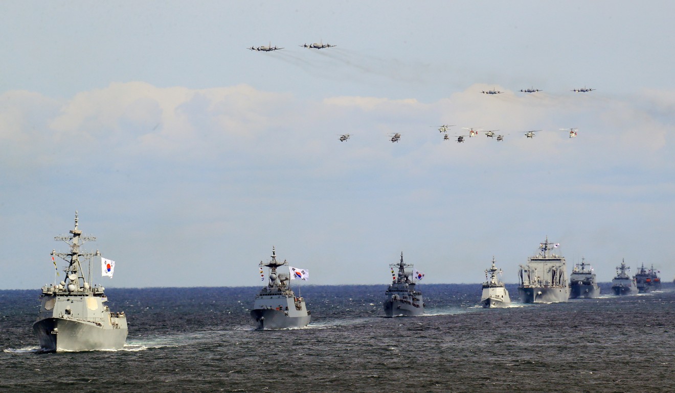 South Korean naval destroyers with other vessels during an International Fleet Review held off Jeju Island in October. Photo: AP