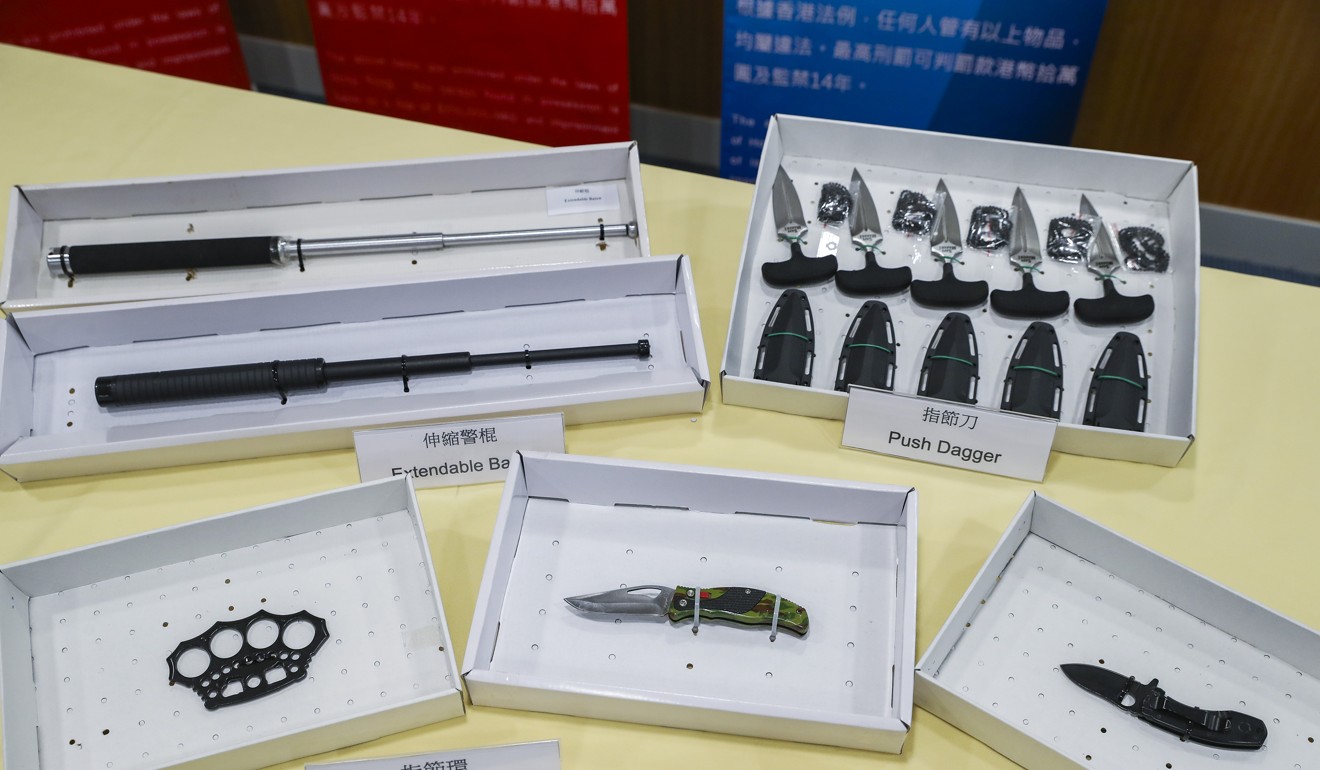 Passengers have been arrested at Hong Kong airport carrying a variety of prohibited items including knives, knuckle dusters, and batons. Photo: Winson Wong
