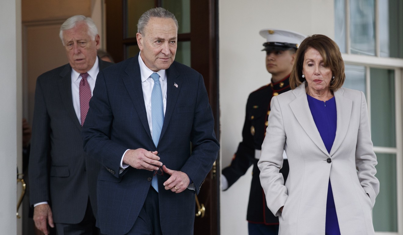 From right, House speaker Nancy Pelosi, Senate Minority Leader Chuck Schumer and House Majority Leader Steny Hoyer walk ing out of the White House, after a meeting Friday with President Trump. Photo: EPA