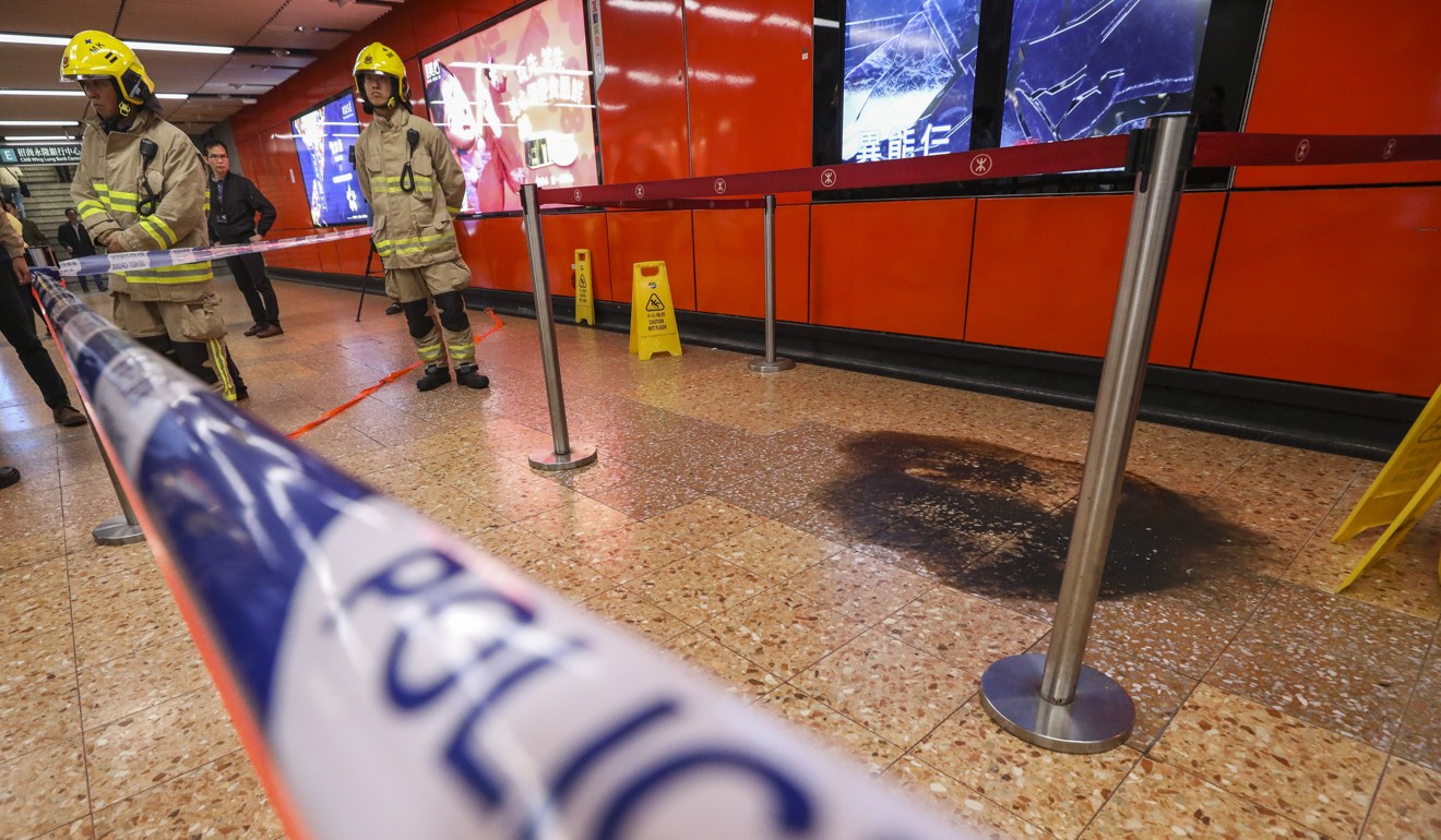 The fire left a mark on the MTR station floor. Photo: Felix Wong