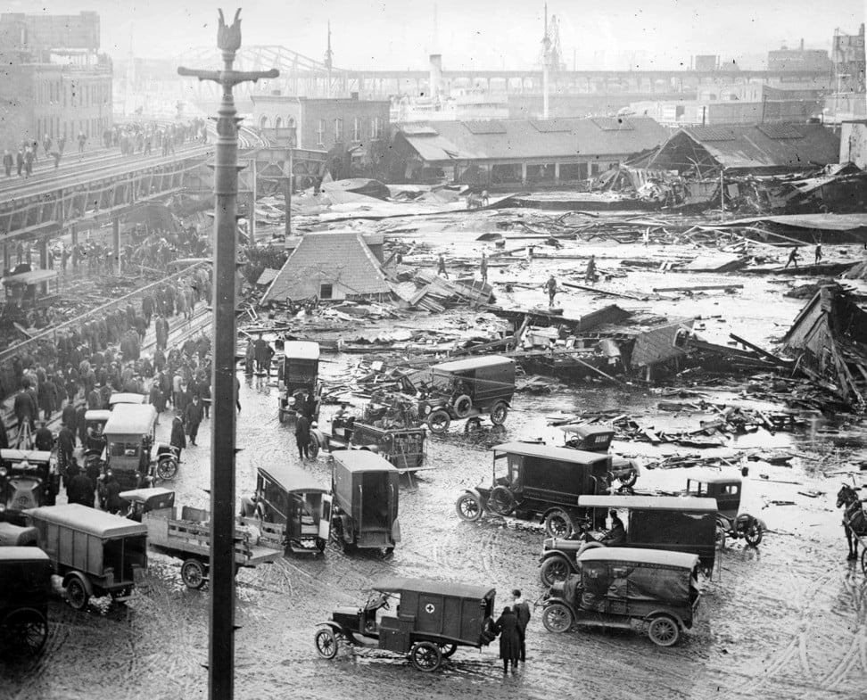 The scene in Boston's North End on Jan. 15, 1919, after a massive tank holding molasses ruptured. The ensuing flood of 2.3 million gallons killed 21 and injured 150. MUST CREDIT: Library of Congress Prints and Photographs Division
