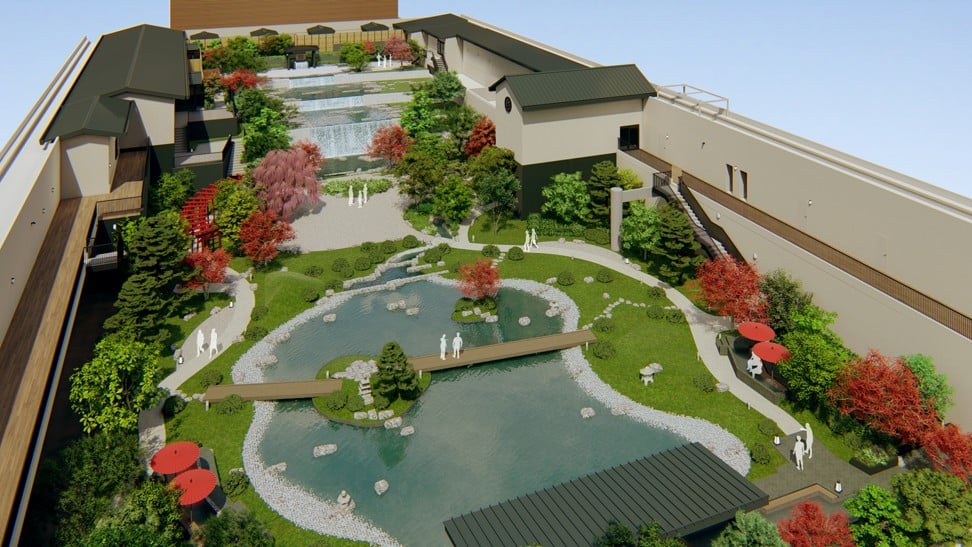 An artist’s impression of the rooftop garden at Solaniwa Onsen hot-spring theme park in Osaka.