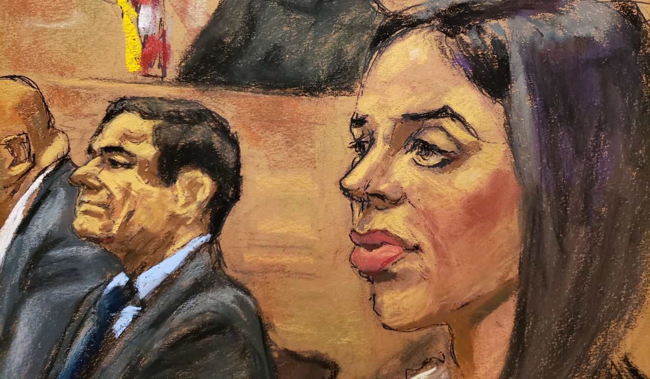 Courtroom sketch of accused Mexican drug lord Joaquin ‘El Chapo’ Guzman as his wife Emma Coronel looks on from the gallery as Lucero Guadalupe Sanchez Lopez testifies in New York City on January 17, 2019. Image: Reuters/Jane Rosenberg