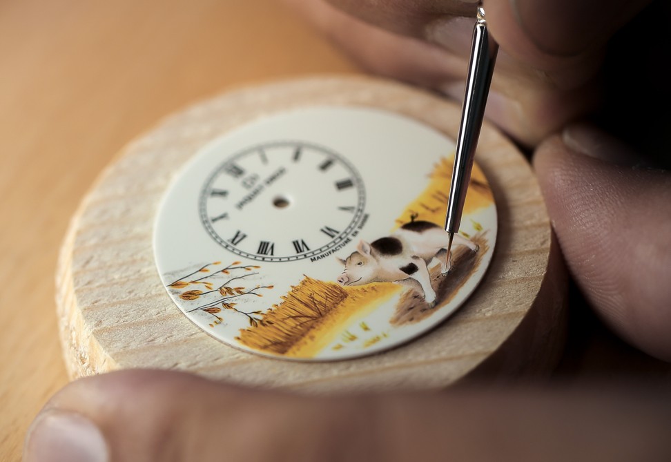 The hand-painted dial of Jaquet Droz's Petite Heure Minute Pig watch.