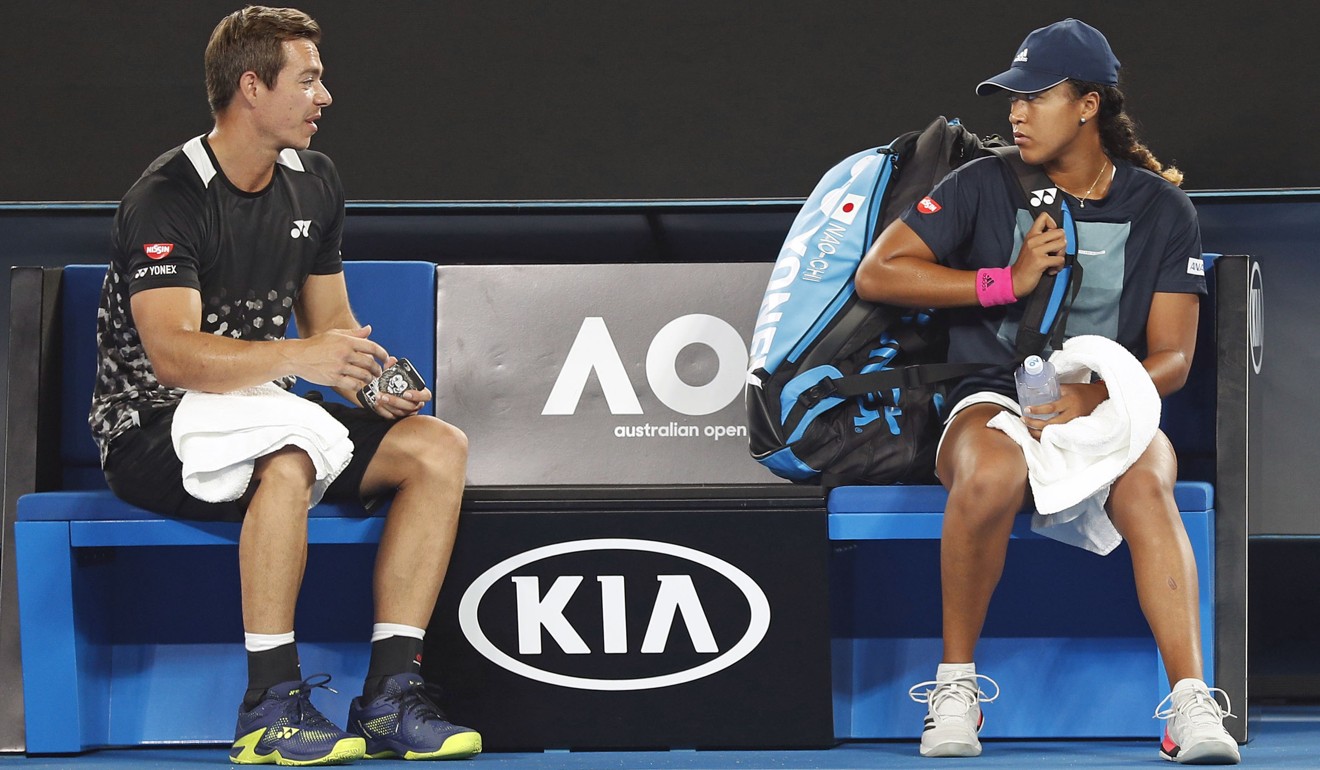 Naomi Osaka and her coach Sascha Bajin talk after a practice session ahead of her semi-final at the Australian Open. Photo: Kyodo