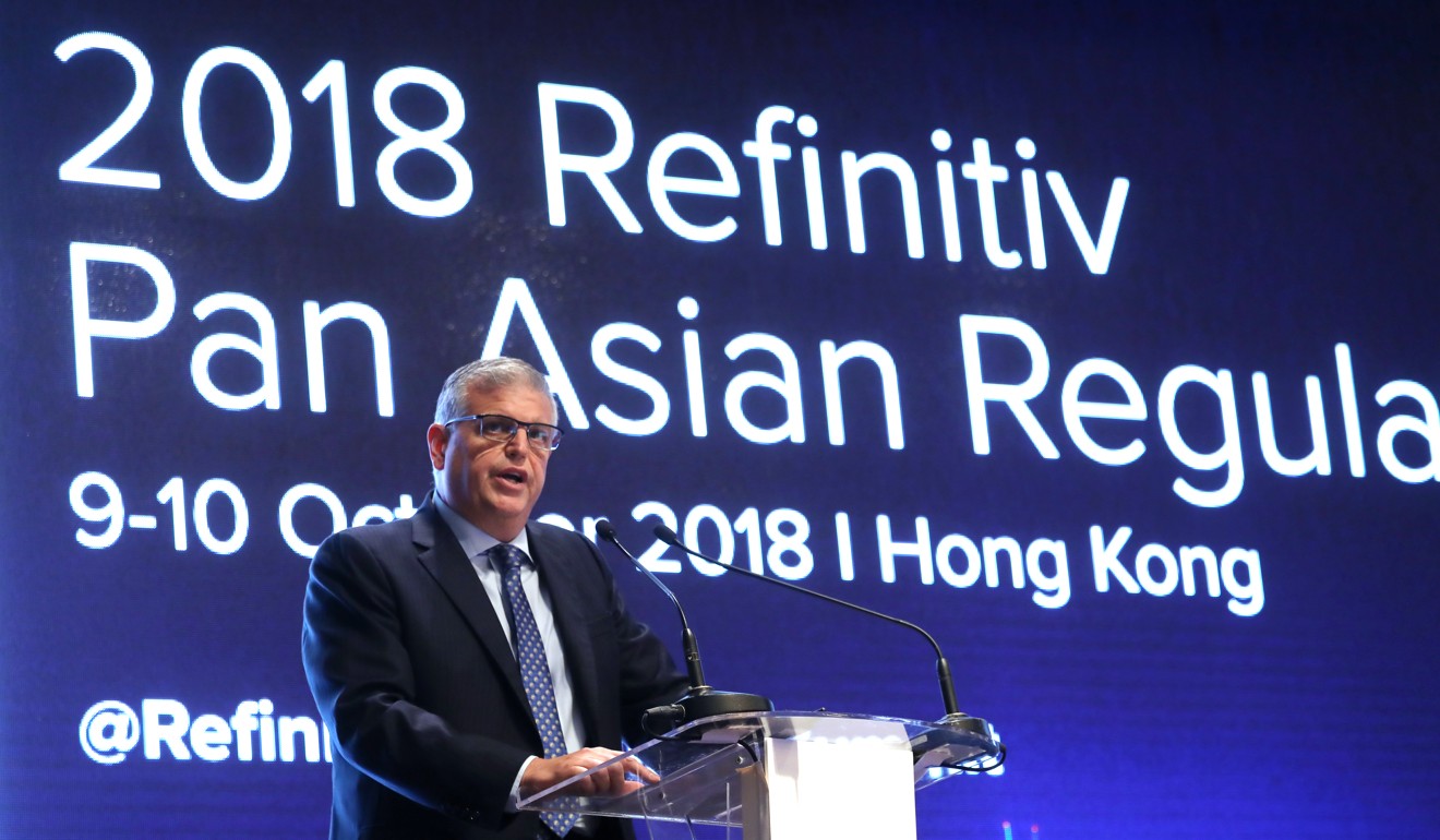 Thomas Atkinson, executive director of the SFC and head of its enforcement division speaks at the 9th annual Pan Asian Regulatory Summit on October 10, 2018. Photo: Jonathan Wong