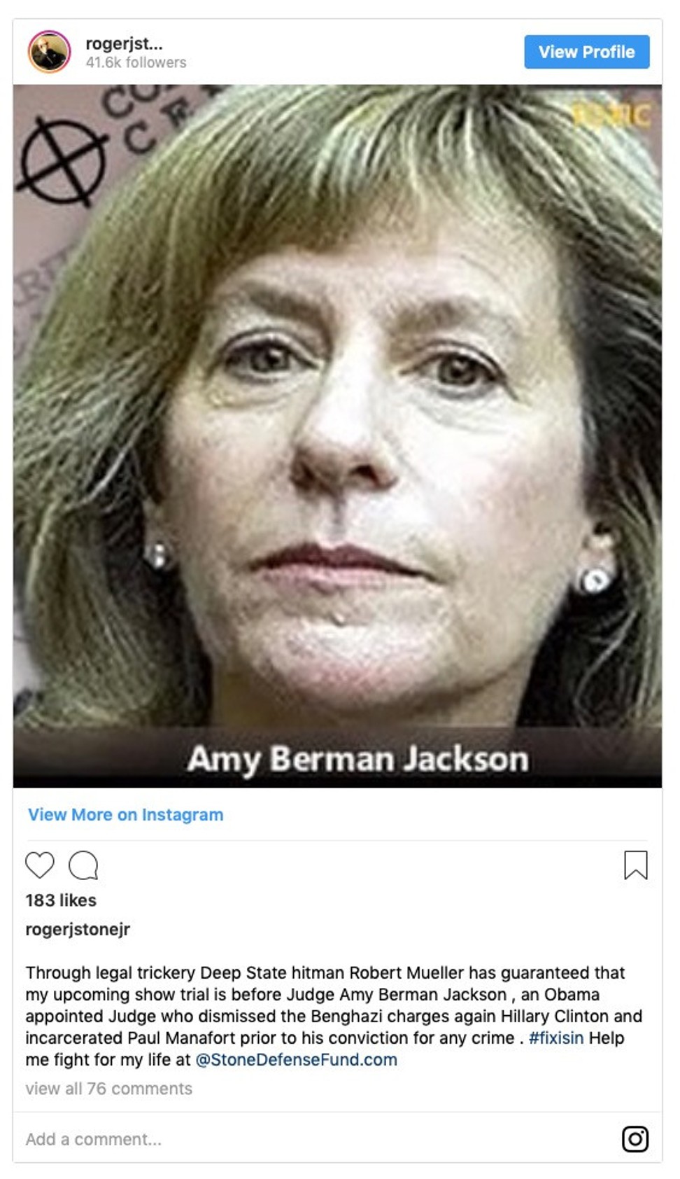 The photo of US District Judge Amy Berman Jackson, which included a symbol that appeared to represent crosshairs, was later taken down. Photo: Instagram