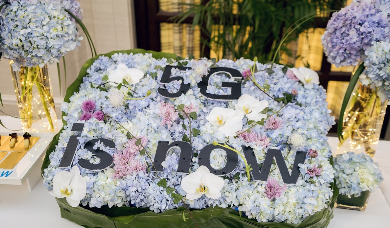 A “5G is Now” slogan is seen on a bouquet of flowers at a Huawei Technologies event to unveil the Balong 5000 chip for 5G devices in Beijing on January 24. Photo: Bloomberg