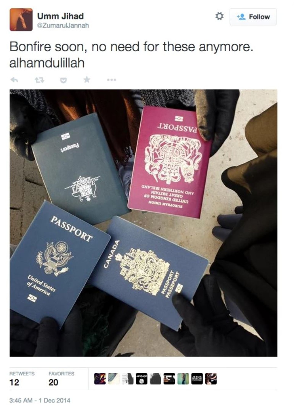 In 2014, Hoda Muthana posted on Twitter a picture of herself and three other women who appeared to burn their Western passports, including an American one. Photo: Twitter