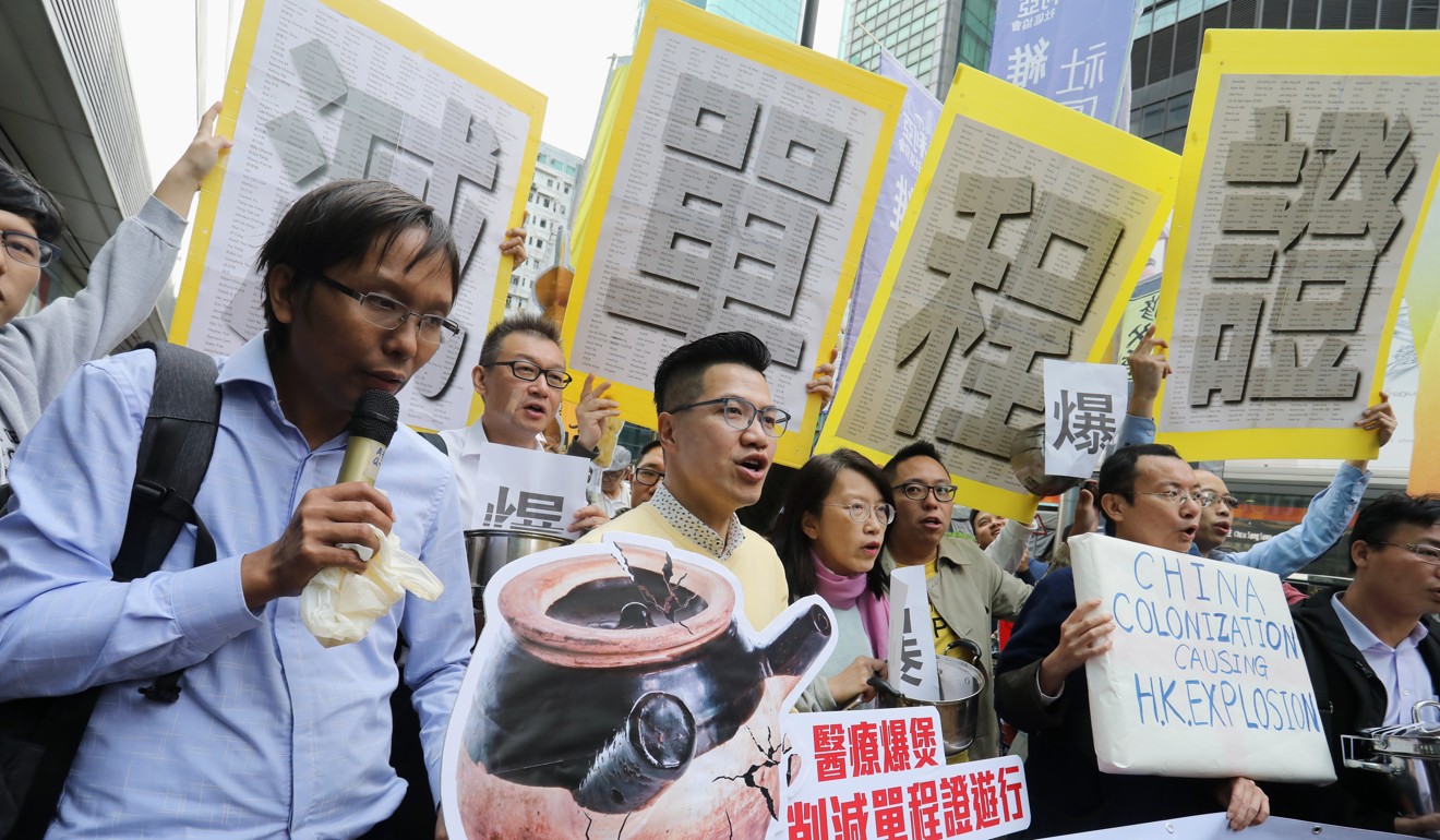 Activists and legislators join hospital staff in protesting against the increasing workload at public hospitals and demanding the government reduce the intake of migrants from mainland China, in Mong Kok on February 17. Photo: Dickson Lee