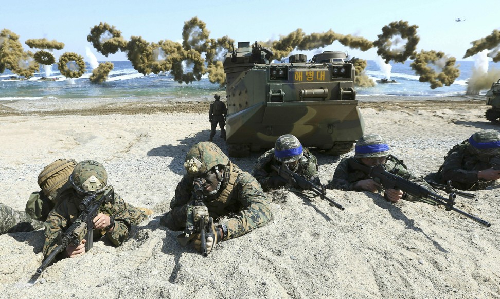 US and South Korean marines take positions during the Key Resolve and Foal Eagle military exercises in Pohang on this 2016 file photo. Photo: AP