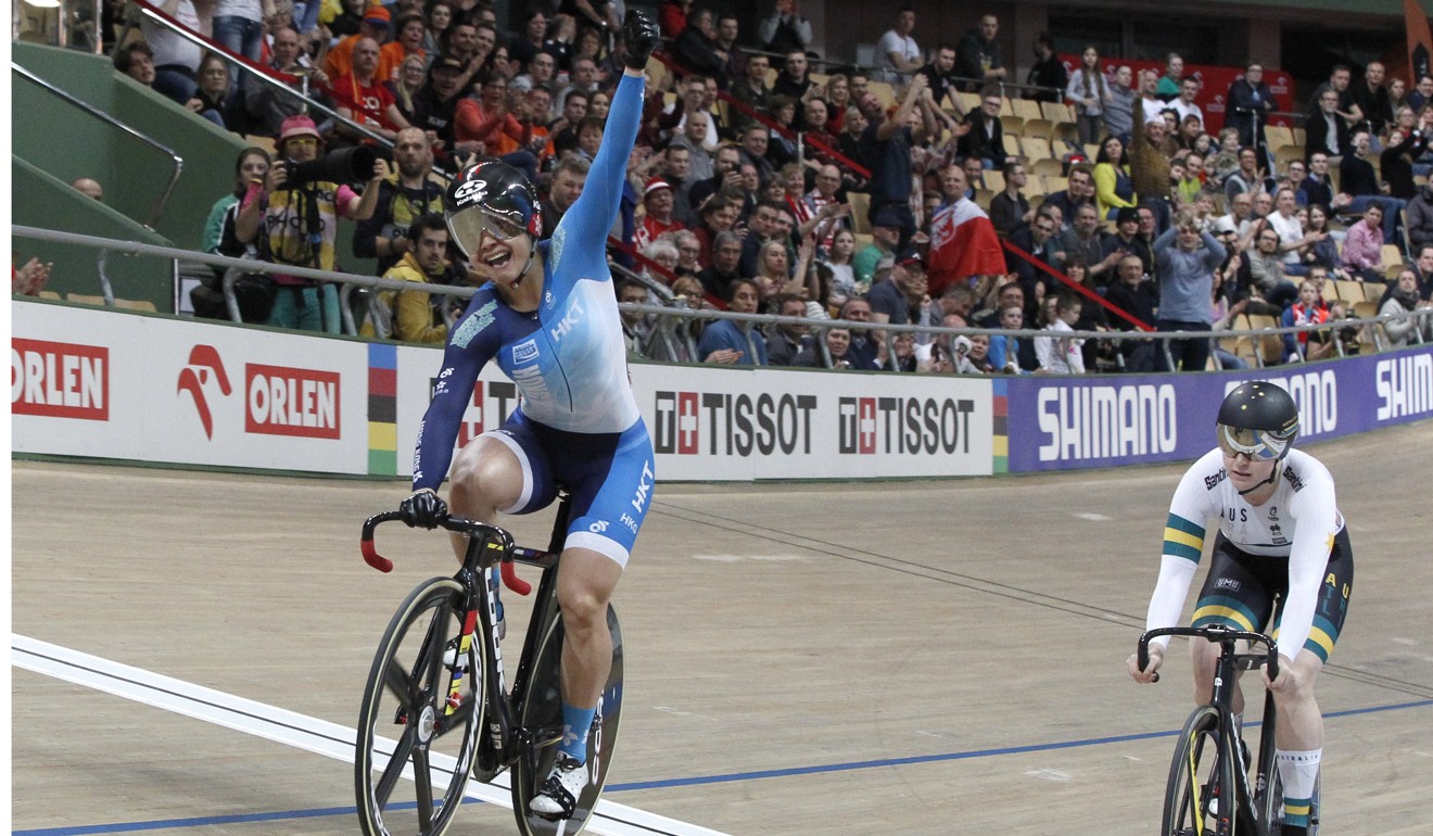 Sarah Lee celebrates as she crosses the line first in the women’s sprint final in Pruszkow, Poland. Photo: AP